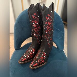 Embroidered Black and Red Western Boots